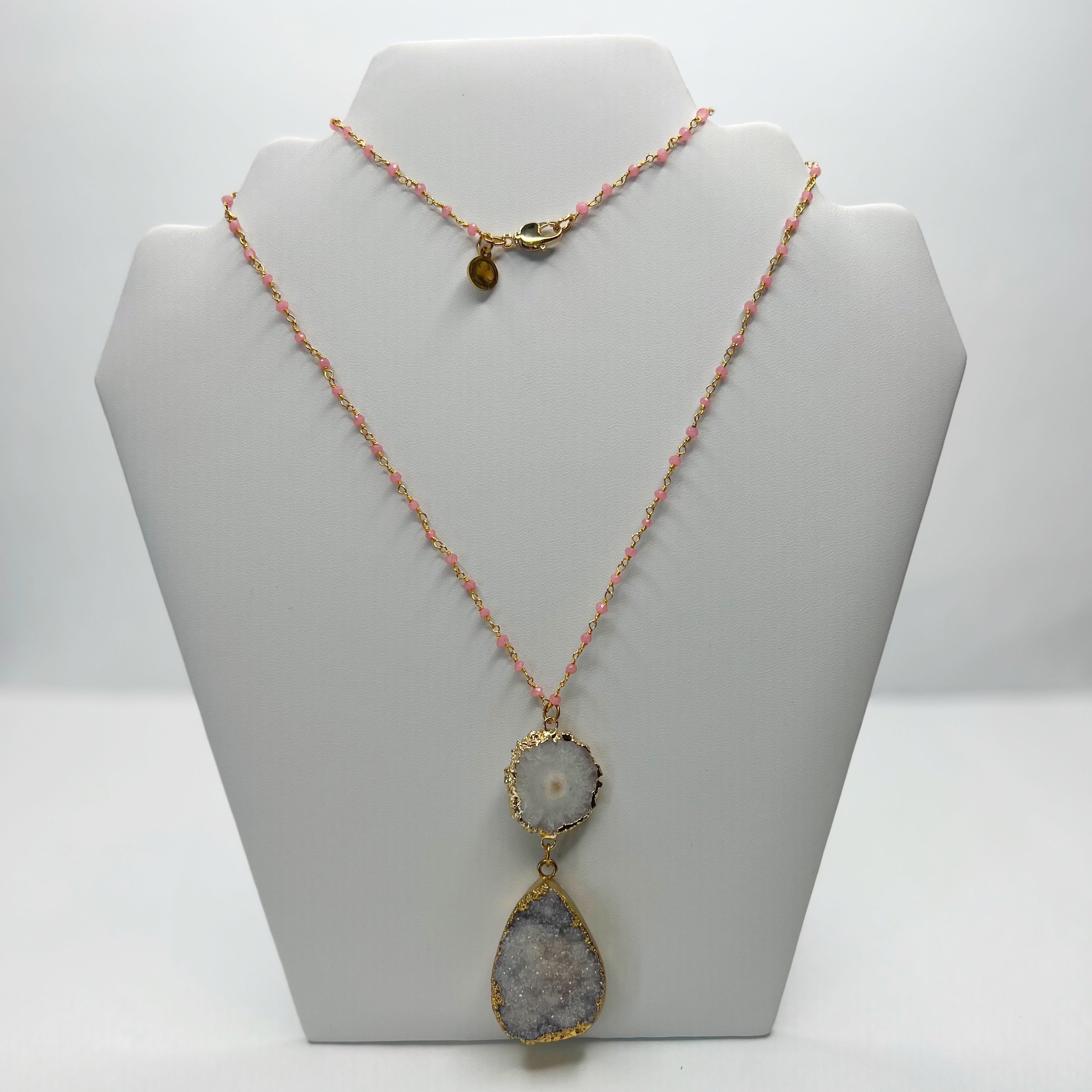 Rose Quartz Beaded Chain with Grey Quartz Crystal Necklace