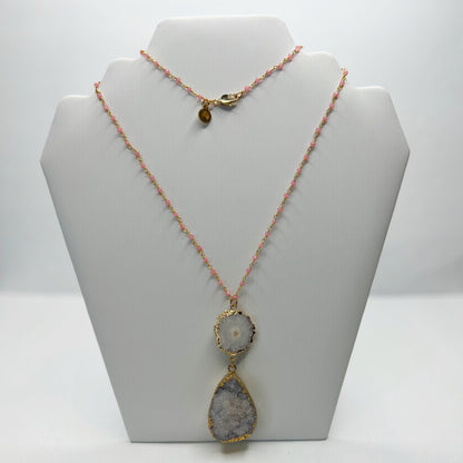 Rose Quartz Beaded Chain with Grey Quartz Crystal Necklace