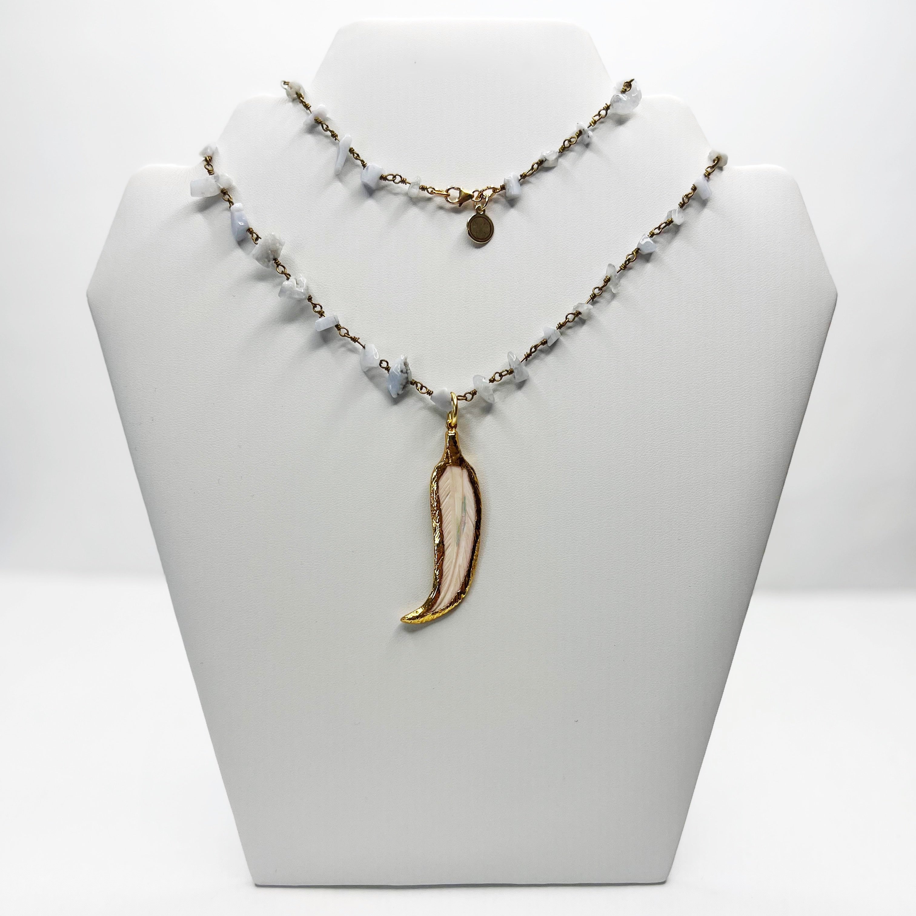 Serenity Agate Beaded Chain with White Quartz Feather Necklace