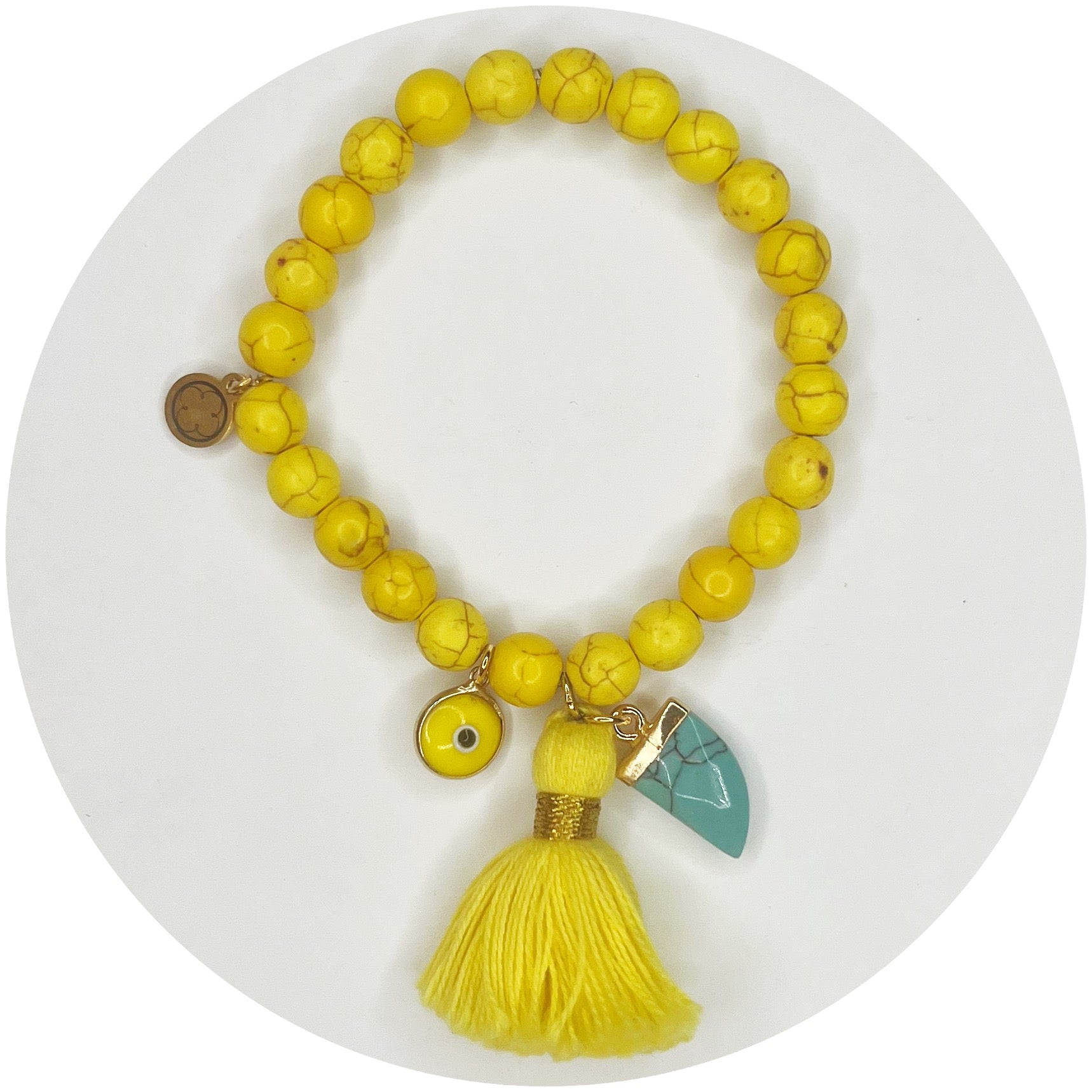 Yellow Howlite with Yellow Tassel and Turquoise Horn Pendant