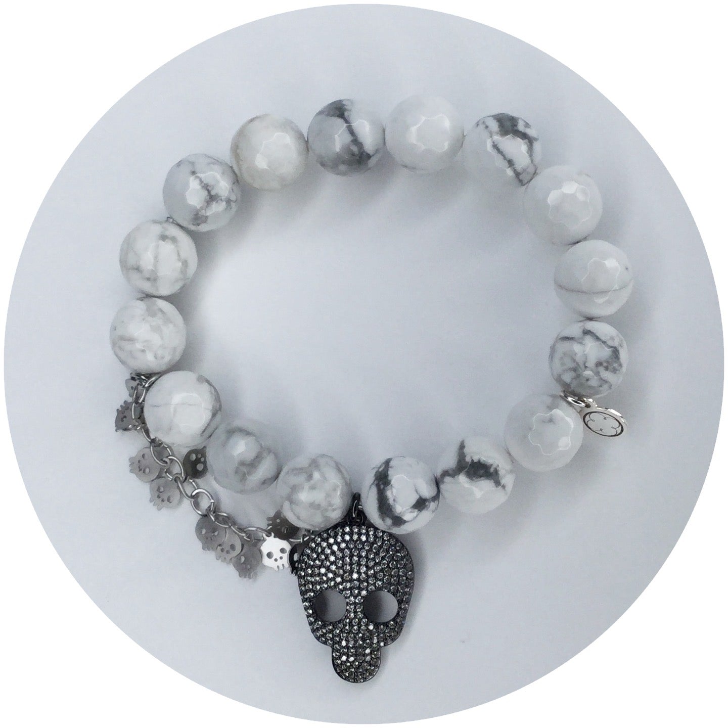 White Howlite with Pavé Gunmetal Skull and Silver Skull Chain - Oriana Lamarca LLC