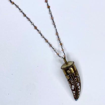 Desert Moonstone Beaded Chain with Antique Gold Horn Necklace