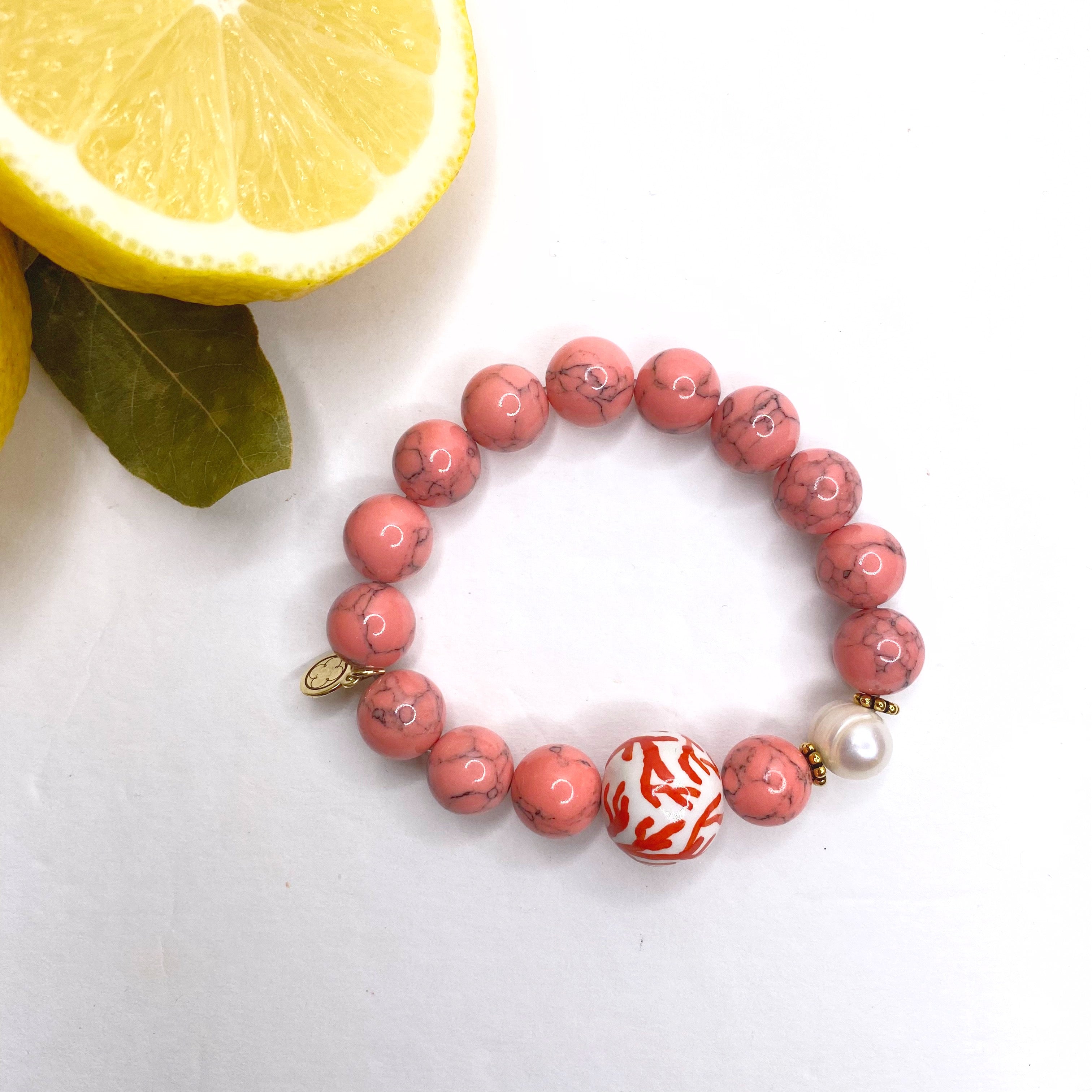 Coral Pink Howlite with Handpainted Ceramic Coral Pallina