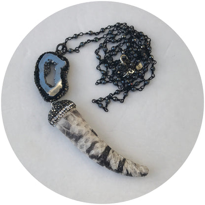 Hematite Beaded Chain with Snake Skin Horn Pendant Necklace - Oriana Lamarca LLC