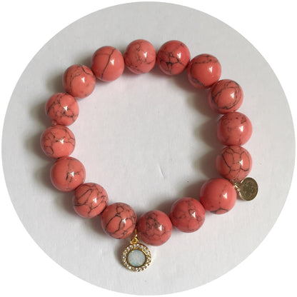 Coral Pink Howlite with Pavé Opal Round Pendant - Oriana Lamarca LLC