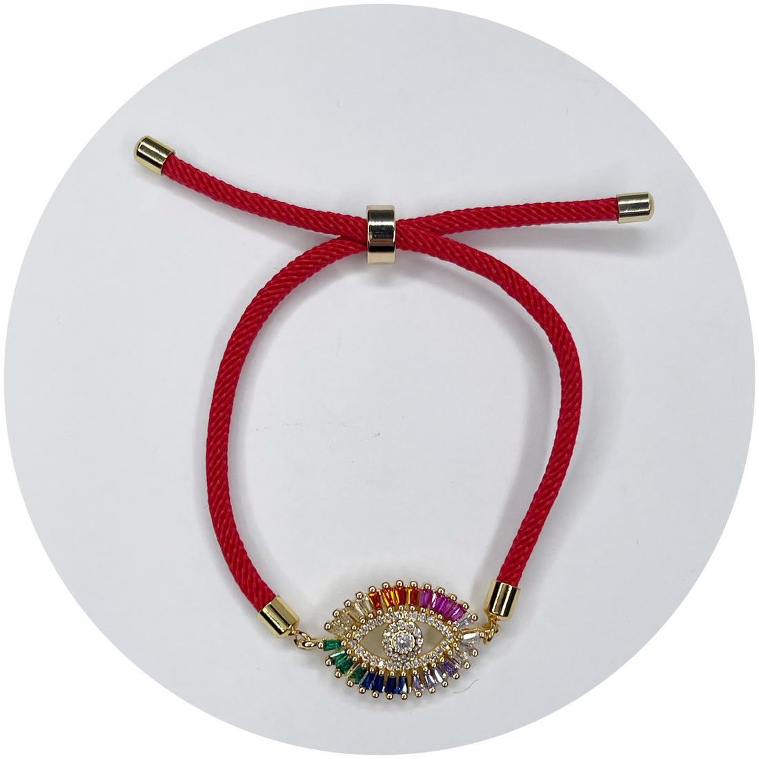 Solid Red Cord with Rainbow Pavé Evil Eye Connector