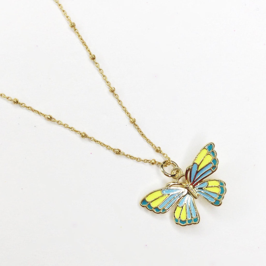 Camellia Yellow/Blue Enamel Butterfly Necklace