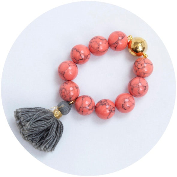 Coral Pink Howlite with Taupe Tassel Wine Glass Marker &amp; Napkin Ring - Oriana Lamarca LLC